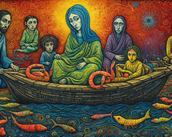 Vibrant Boat Scene with Stylized Community Figures