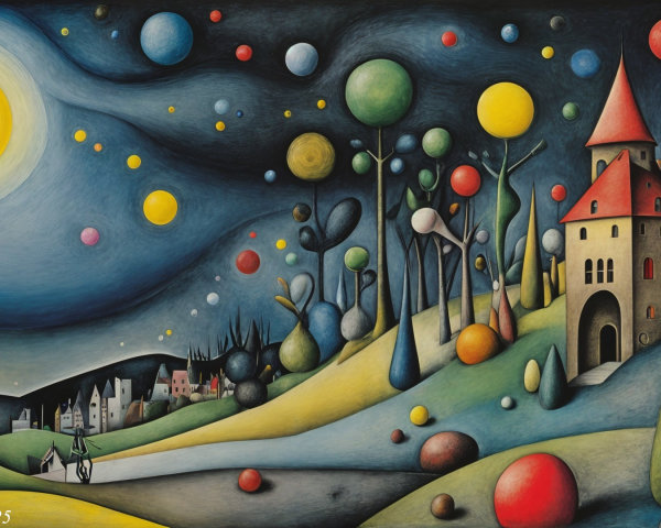 Whimsical Moonlit Landscape with Colorful Orbs and Castle