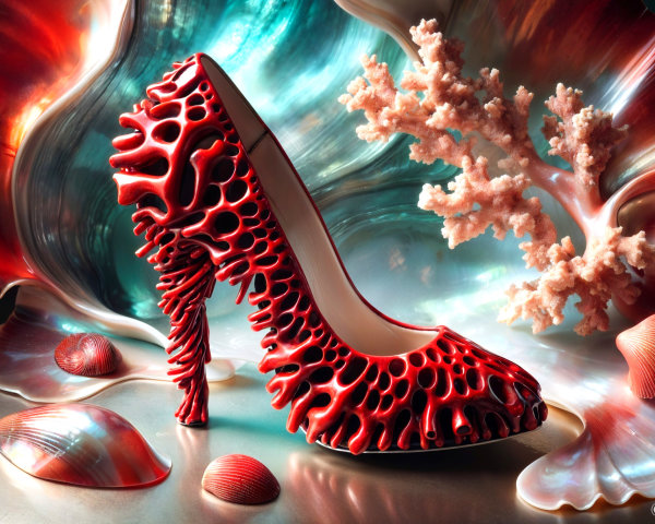 Red High-Heeled Shoe with Coral Texture and Shells