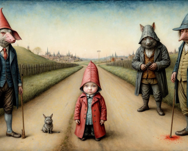 Surreal Landscape with Whimsical Characters and Hills