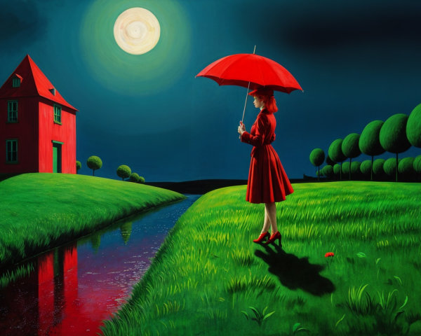 Woman in red dress under umbrella by serene landscape