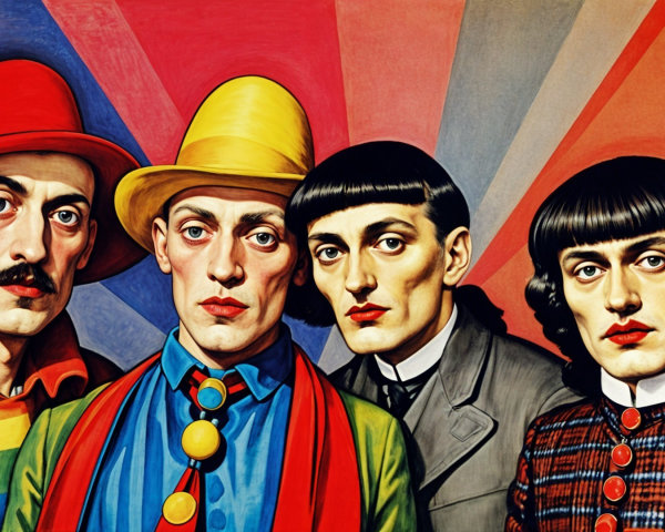 Stylized Figures in Colorful Attire and Geometric Background