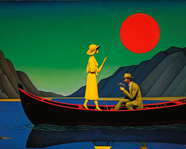 Serene Painting of Two Figures in a Boat at Sunset