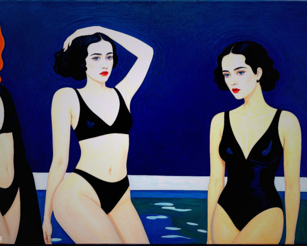 Elegant Women in Black Swimsuits Against Blue Backdrop
