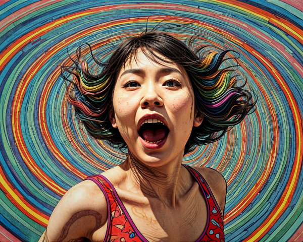 Joyful woman with vibrant hair in colorful backdrop
