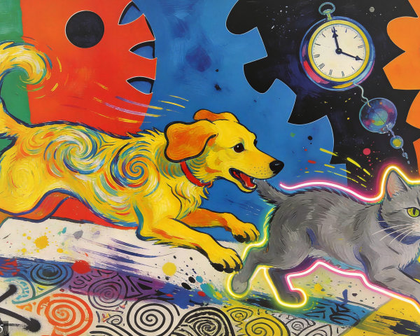 Vibrant Oil Painting of Puppy and Cat in Surreal Landscape