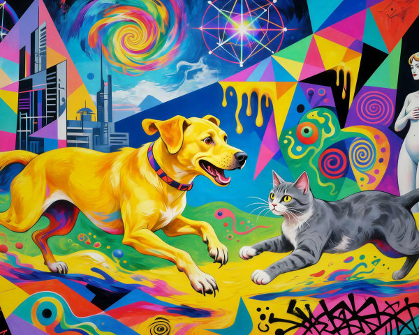 Surreal Painting of Dog and Cat in Abstract Setting