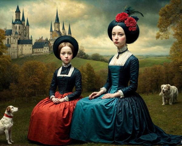 Elegant Women in Vintage Garments Amidst Castles