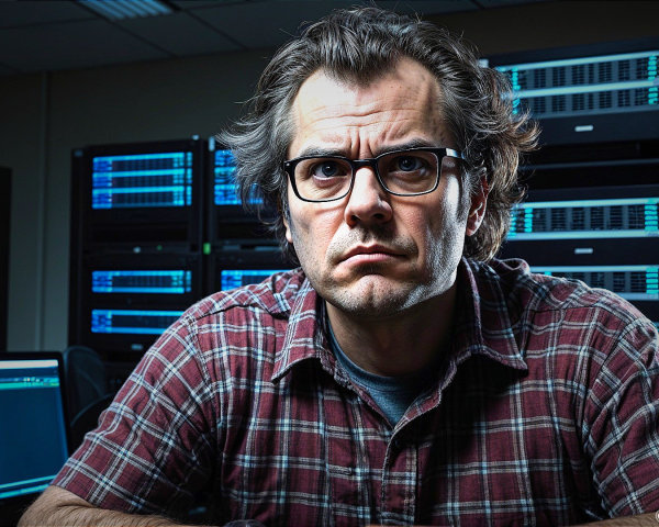 Man in Red Plaid Shirt Surrounded by Computer Screens