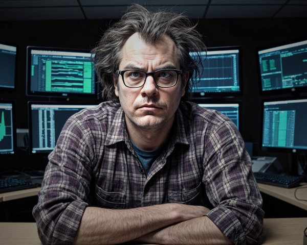 Man at desk with multiple screens in dimly lit room