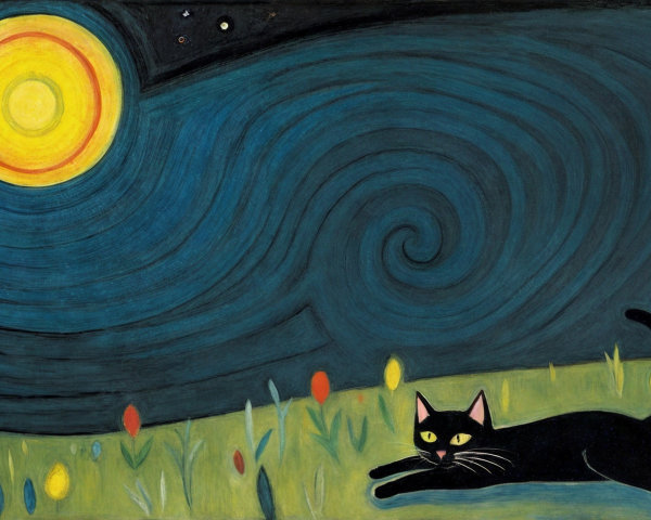 Whimsical Scene of Cat in Colorful Field with Tulips