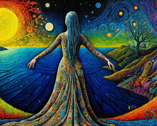 Surreal Landscape with Woman in Colorful Gown