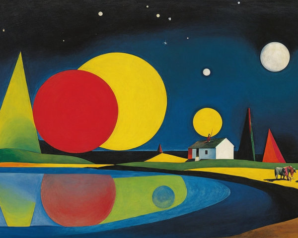 Surreal Landscape with Celestial Bodies and Figures