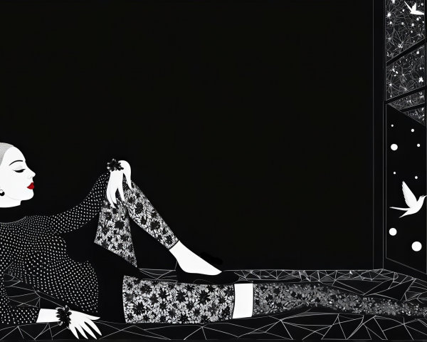 Black and white illustration of a woman by a window