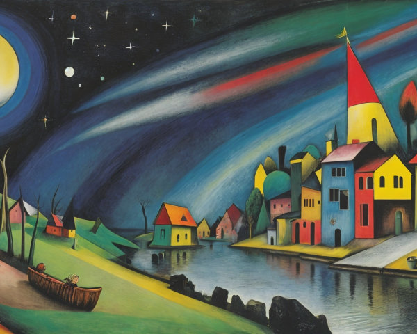Vibrant Nighttime Landscape with Colorful Houses