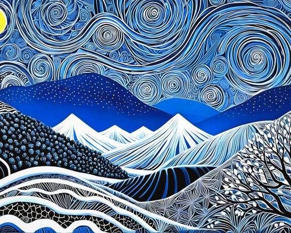 Vivid Winter Landscape Painting with Night Sky Details