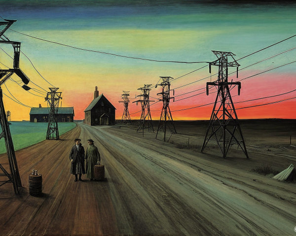 Figures on a Deserted Road with Sunset and Power Lines