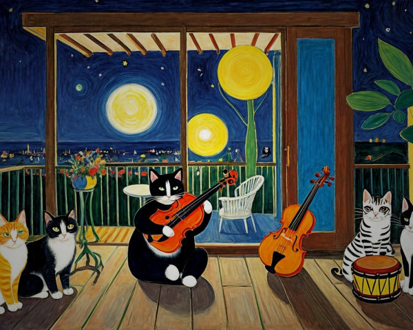 Whimsical Cats Playing Instruments on a Starry Balcony