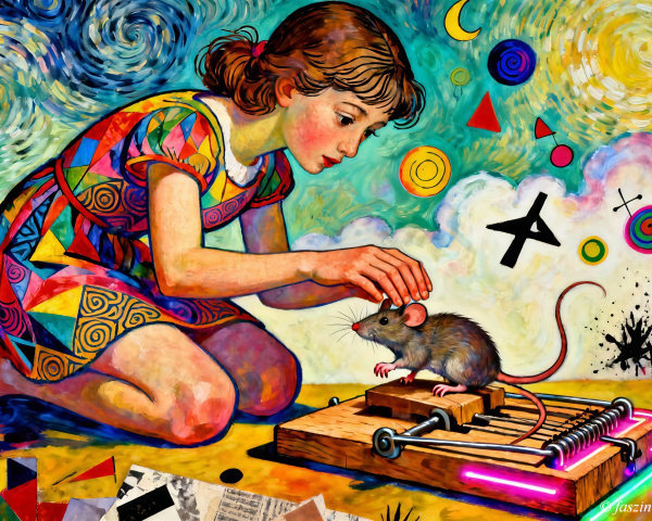 Young Girl with Rat in Colorful Geometric Dress Painting