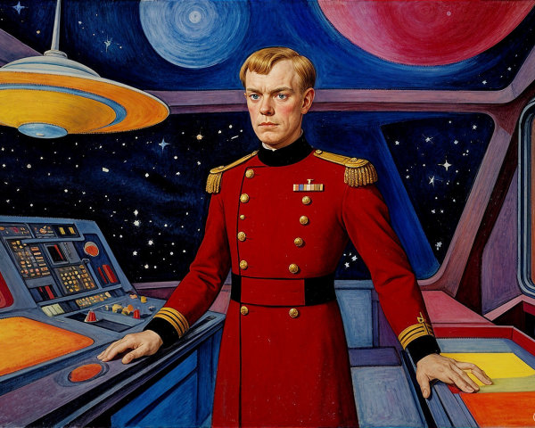Captain in Red Uniform in Futuristic Spacecraft Control Room
