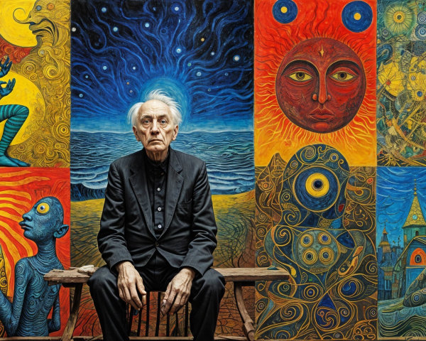 Elderly Man on Bench Amid Surrealist Artwork