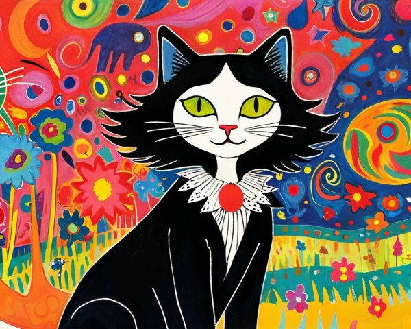 Whimsical Illustration of Cats with Colorful Background