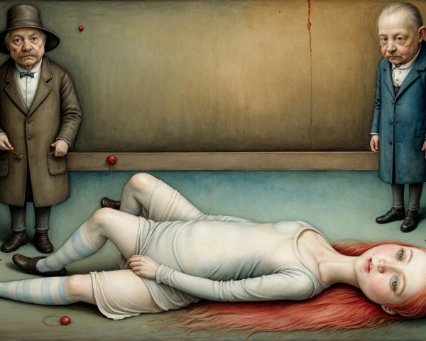 Surreal Artwork Featuring Two Men and a Lifeless Girl