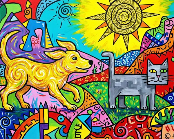 Vibrant pop art painting of a yellow dog and gray cat