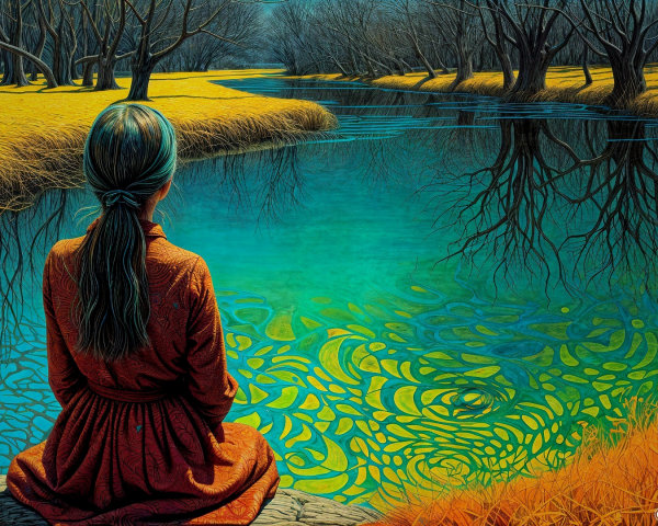 Young Girl by Tranquil River in Serene Landscape