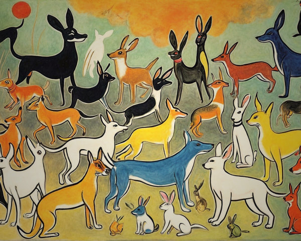 Vibrant Stylized Animals in Whimsical Landscape