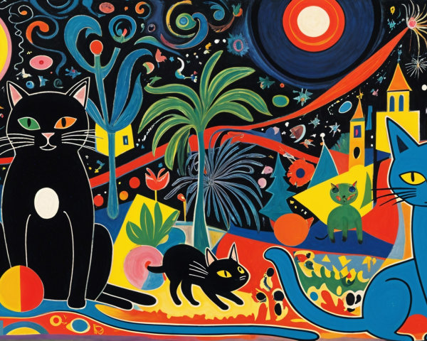 Vibrant Artwork of Three Colorful Cats in a Starry Scene