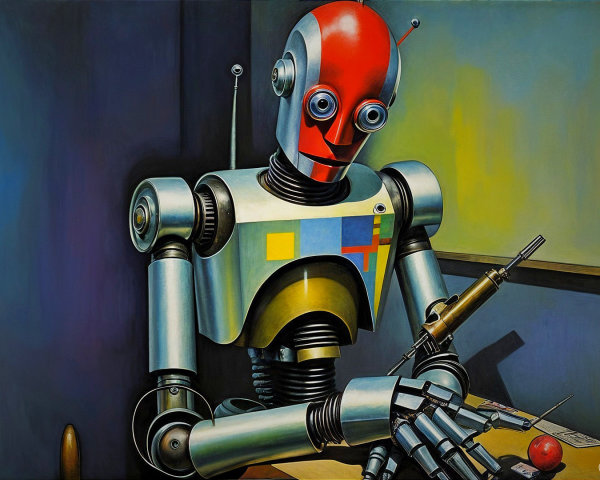 Stylized Robot at Table in Modern Nostalgic Setting