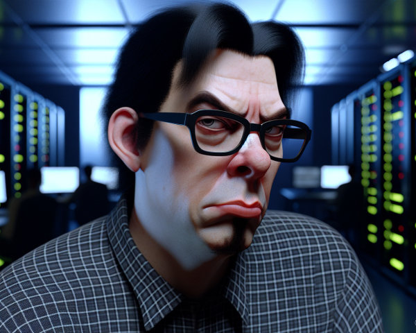 Stylized Character in Server Room with Colorful Lights