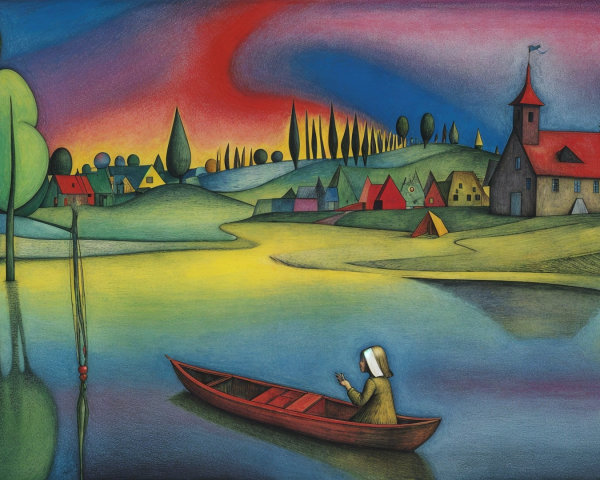 Serene Lake Landscape with Vibrant Reflections and Village
