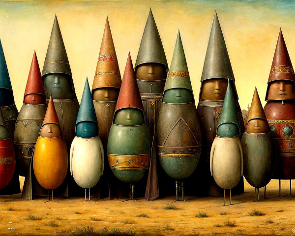 Whimsical Figures in Colorful Hats in Dusty Landscape