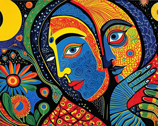 Stylized Faces with Abstract Patterns on Dark Background