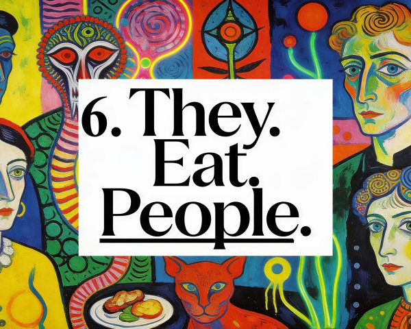 Colorful Painting with Five Figures and a Cat