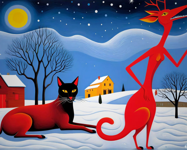 Night Scene with Cat in Snowy Landscape and Moon