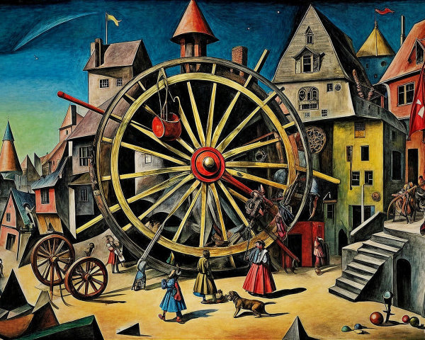 Surreal Artwork with Vibrant Architecture and Characters