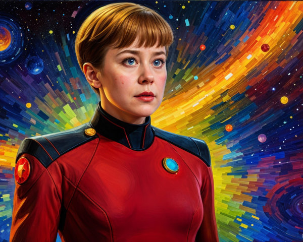 Young woman in red uniform against cosmic backdrop