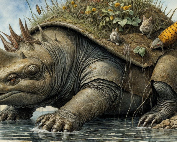 Colossal Tortoise Surrounded by Nature and Fantasy