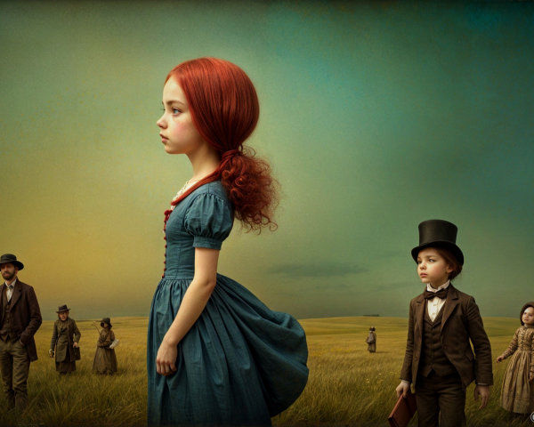 Surreal Landscape with Girl in Blue Dress and Figures