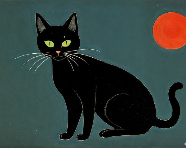 Black Cat with Green Eyes Against Blue Background