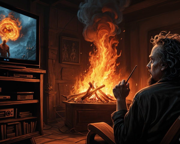 Man in Armchair Watching Fiery Scene on Television