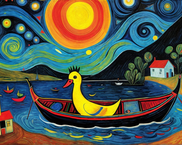 Whimsical Painting of Sunset with Rubber Duck and Boats