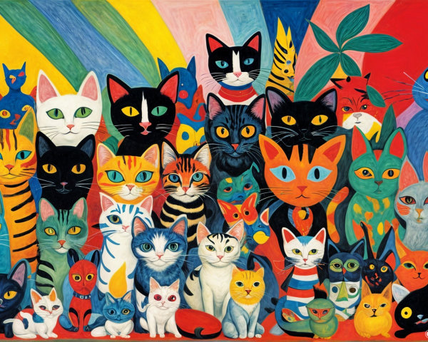Vibrant Artwork of Colorful Cats in Whimsical Styles