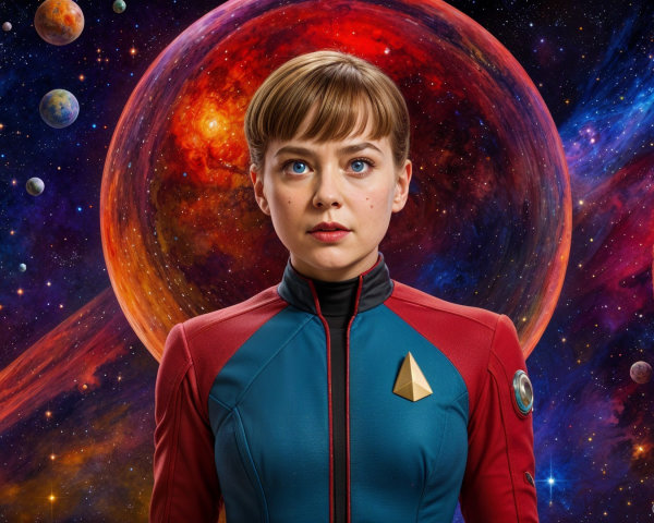 Female astronaut in colorful suit against cosmic backdrop