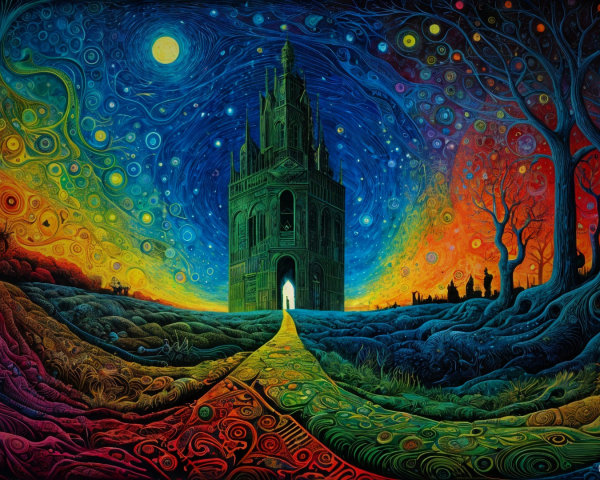 Vibrant Landscape with Ornate Structure and Moonlit Sky