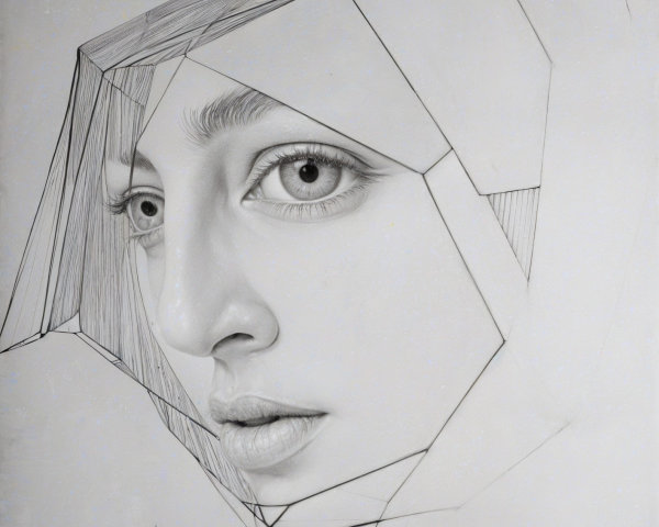 Pencil Drawing of a Woman's Profile with Geometric Shapes