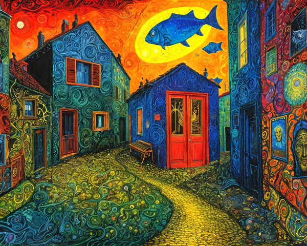 Surreal Landscape with Colorful Houses and Fish